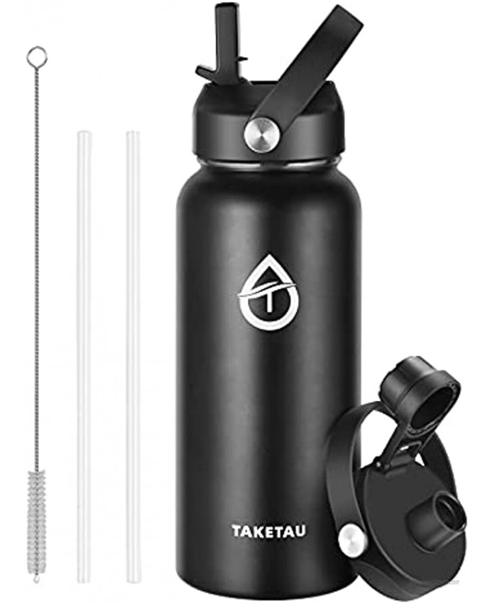 TAKETAU Stainless Steel Insulated Sports Water Bottle with Straw Cap & Spout Lid 32 oz Double Wall Vacuum Wide Mouth Leakproof Water Bottle Keep Drinks Cold or Hot Black 32 Oz