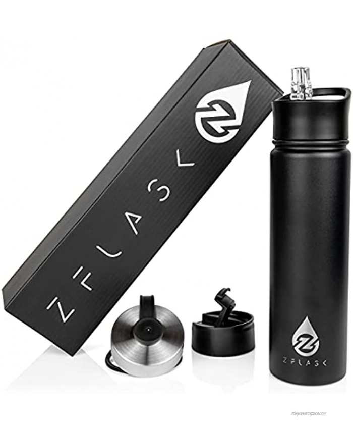 Z Flask Sport Water Bottle- 22oz Stainless Steel Vacuum Insulated -BPA free-Double walled-Thermos Flask-Cold 24 hours Hot 12 Hours 3 Leak Proof Lids Straw Lid Coffee Flip Lid,Wide Lid Black