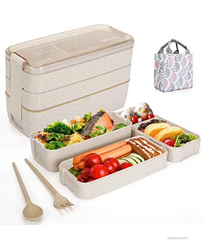 Aitsite Bento Box Japanese Lunch Box with Dividers 900 ml Leakproof Eco lunchbox for Kids and Adults with Lunch Bag- BPA FREEBeige