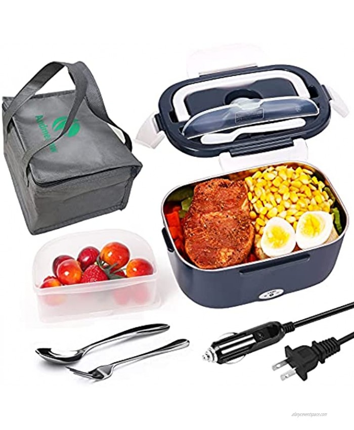 Andmenow Electric Lunch Box 3 in 1 for Car Truck and Office Portable Heater 110V & 12V 24V 50W Stainless Steel Food Heater 1.5L Spoon and 2 Compartments Included Dark Grey