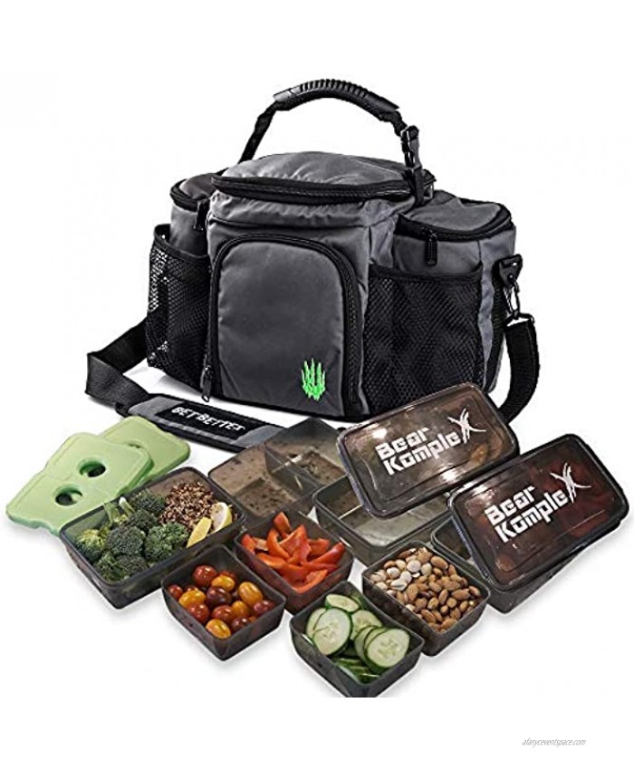 Bear KompleX Insulated Meal Prep Management Lunch Bag 6 Compartment Lunch Box Cooler Tote with 3 Microwave Dishwasher Safe Portion Control Containers Reusable Ice Pack Free Recipe E-Book Included