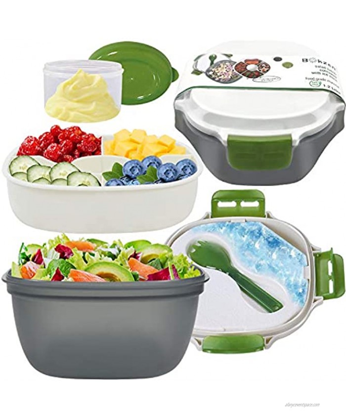 Cooler Salad Containers for Lunch with Built-In Ice Pack Salads Bowls and 4-Compartment Tray + Dressing Container for Salad Toppings and Snacks Leak Proof Lunch Bento Box for Food Freshness To Go