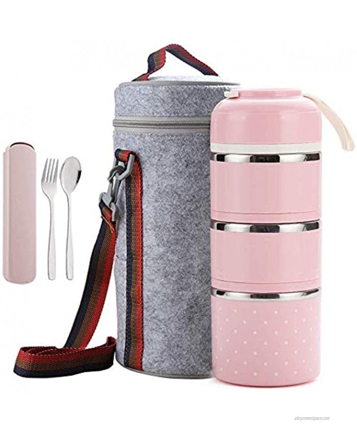 Cute Bento Stackable Lunch Box with Flatware Set Stainless Steel Lunch Containers Leakproof Food Container Insulated Lunch Bag for Adults Women Men Kids Pink 3-Tier