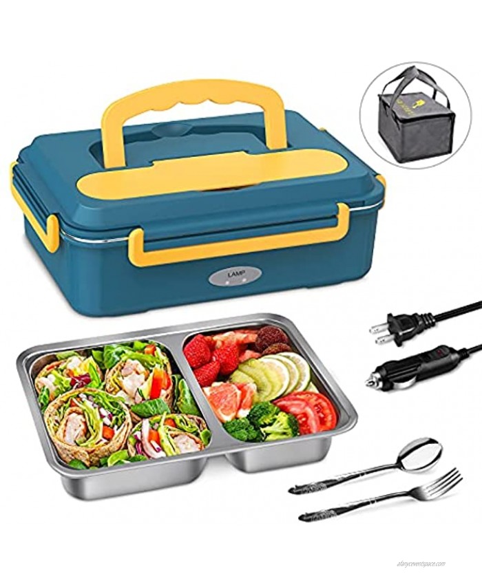 Electric Lunch Box Food Heater Upgraded Fast Heating Lunchbox Food Warmer for Car and Home with 2 Compartments Removable 304 Stainless Steel Container SS fork & spoon and Carry Bag