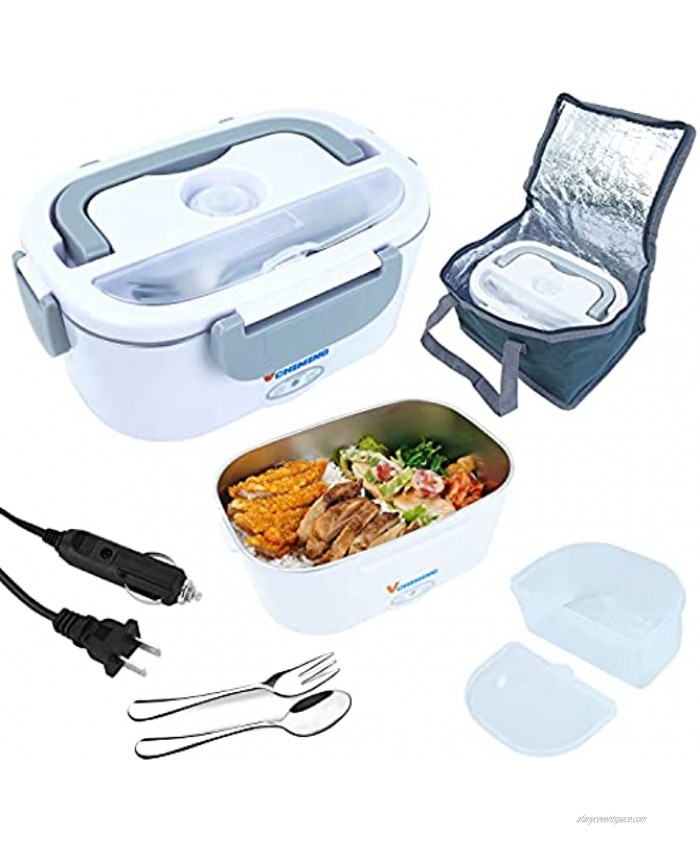 Electric Lunch Box Food Heater Vchiming 3-In-1 Heating Lunch Box for Car Truck Home Leak Proof 2 Compartments Removable 304 Stainless Steel Container 1.5L Free SS Fork & Spoon and Carry Bag