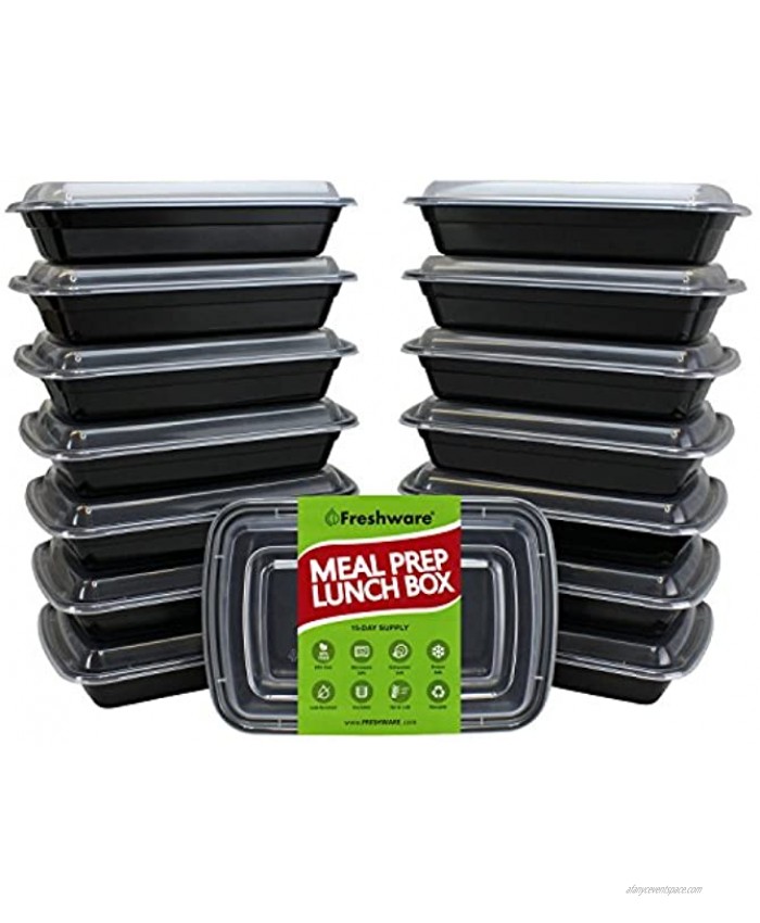 Freshware Meal Prep Containers [15 Pack] 1 Compartment with Lids Food Containers Lunch Box | BPA Free | Stackable | Bento Box Microwave Dishwasher Freezer Safe Portion Control 28 oz
