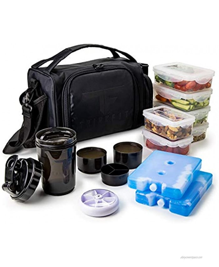 Insulated Meal Prep Lunch Box with 6 Food Portion Control Containers BPA-Free Reusable Microwavable Freezer Safe With Shaker Cup Pill Organizer Shoulder Strap & Storage Pocket Black