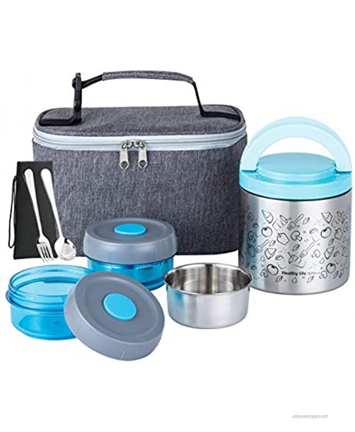 Lille Home Lunch Box Set An Vacuum Insulated Bento Snack Box Keeping Food Warm for 4-6 Hours Two BPA-Free Food Containers A Lunch Bag A Portable Cutlery Set Smart Diet Weight Control Blue