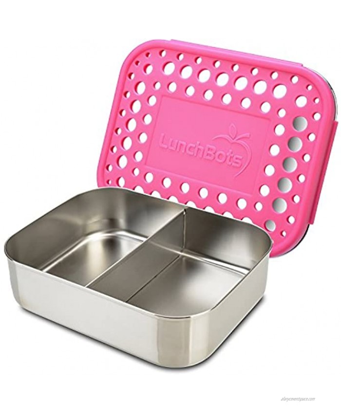 LunchBots Medium Duo Snack Container Divided Stainless Steel Food Container Two Sections for Half Sandwich and a Side Eco-Friendly Dishwasher Safe Stainless Lid Pink Dots