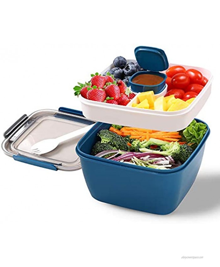 Portable Salad Lunch Container 38 Oz Salad Bowl 2 Compartments with Dressing Cup Large Bento Boxes Meal Prep to go Containers for Food Fruit Snack