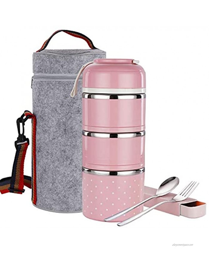 Stackable Lunch Box ArderLive Stainless Steel Thermal Insulated Bento Lunch Container with Lunch Bag & Cutlery  Leakproof Food Storage Container for Office Kids.3Layer,Pink）