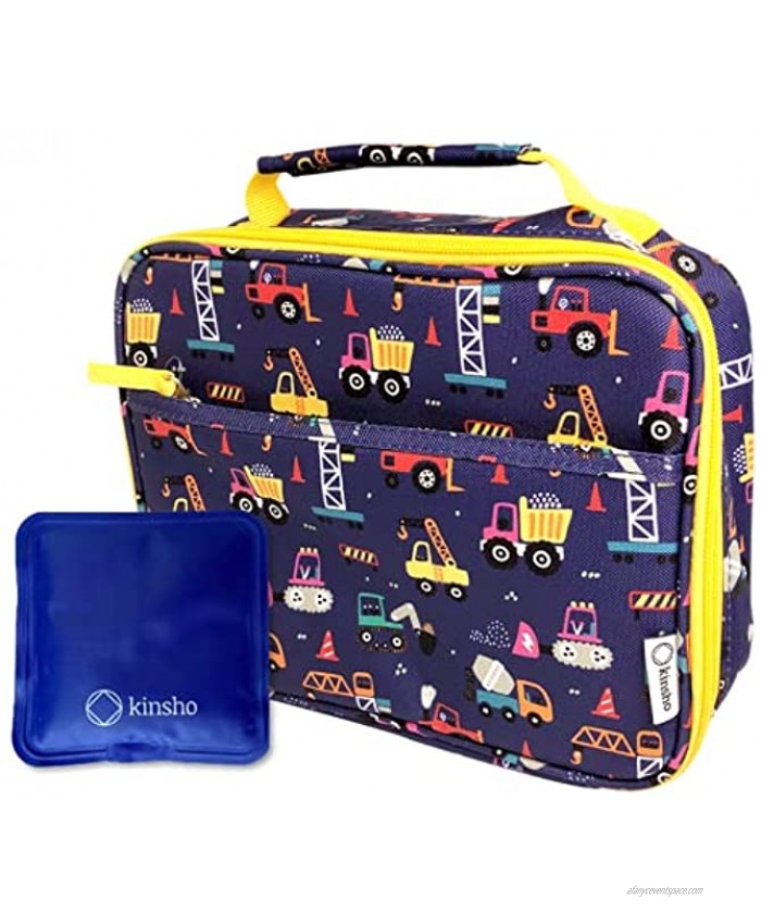 Truck Lunch Box with Ice Pack for Boys Insulated Bag for Toddlers Kids Baby Boy Daycare Pre-School Kindergarten Container Boxes for Small Kid Snacks Lunches BPA Free Blue Construction Trucks
