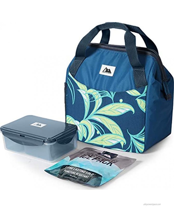 Arctic Zone High Performance Meal Prep Lunch Bag M.D with 6 Piece Printed Leak Proof Bento and 250g High Performance Ice Pack Leafy Grey