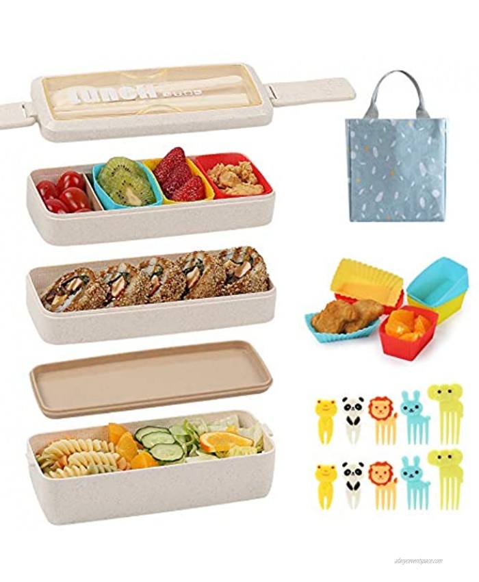 Bento Box for Kids with Silicone Cupcake Baking Cups & Food Picks for Kids,3-In-1 Compartment Lunch Box Wheat Straw Eco-Friendly Bento Lunch Box with Dividers Meal Prep Containers for Kids  Beige