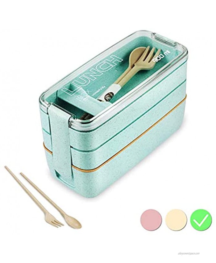 Bento Box Japanese Lunch Box with Dividers 900 ml Leakproof Eco lunchbox for Kids and Adults with Lunch Bag- BPA FREE Green