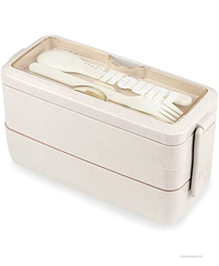 Bento Box Lunch Japanese Lunch Box Iteryn 3 Layer Stackable Leak Proof Lunch Box 3-In-1 Compartment Wheat Straw Lunch Containers for Adults & Kids with Utensils Beige
