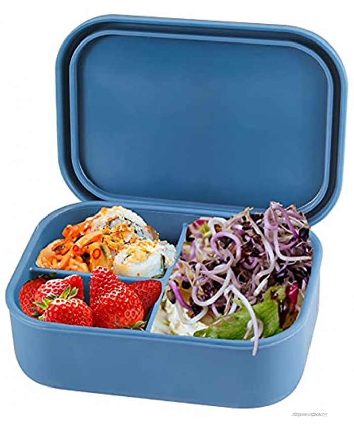 Bento Lunch Box Container,YFBXG 3 Compartment Silicone Lunch Container,Leak-Proof Salad Bento Box for Adult Microwave Safe Blue