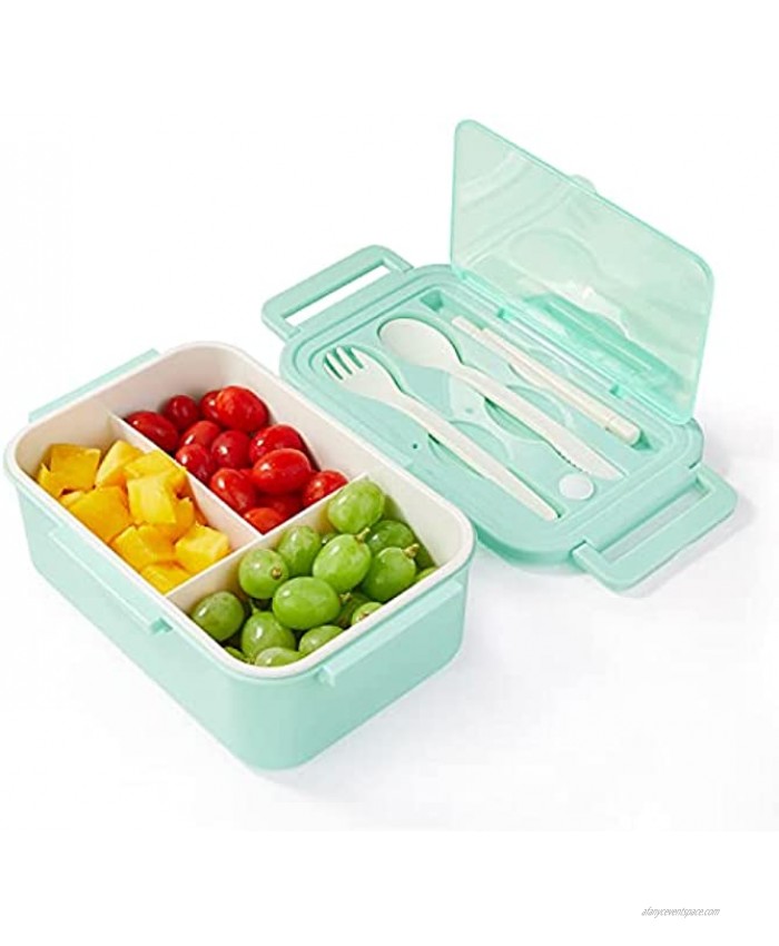 Bento Lunch Box For Kids Childrens 3 Compartment Leakproof Lunch Container With Spoon & Fork BPA Free Portion-Controlled Meals and Snack Packing Green