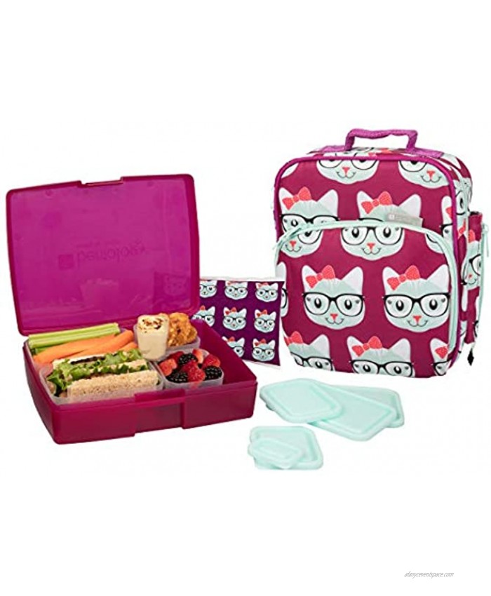 Bentology Lunch Bag and Box Set for Girls Includes Insulated Bag Bento Box 5 Containers and Ice Pack Kitty