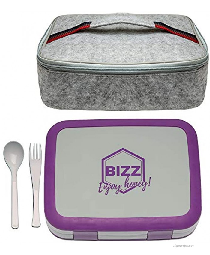 Bizz Bento Lunchbox & Bag Set with Utensils Removable Microwaveable Dishwasher Safe Tray Kids Adults Leakproof 4-Compartment Food Storage Container Felt Insulated Tote Lunch Bag Great for Travel