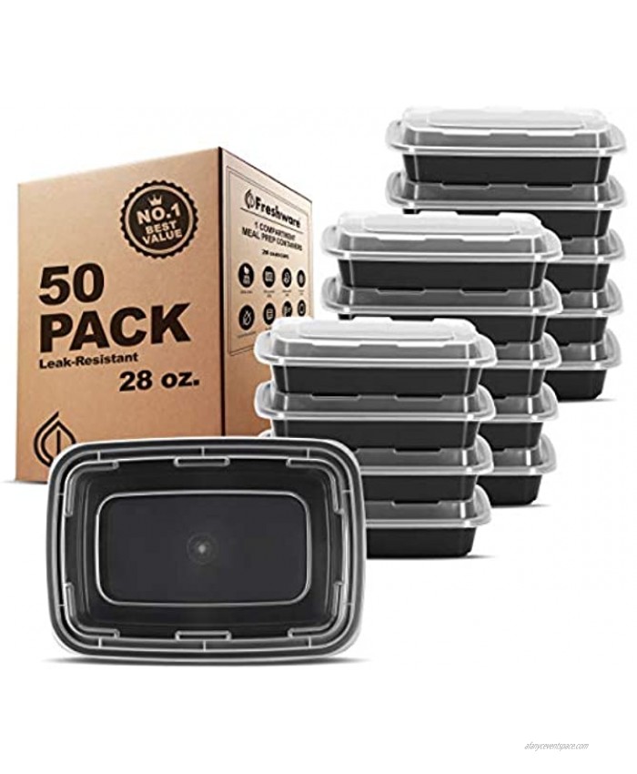 Freshware Meal Prep Containers [50 Pack] 1 Compartment Food Storage Containers with Lids Bento Box BPA Free Stackable Microwave Dishwasher Freezer Safe 28 oz