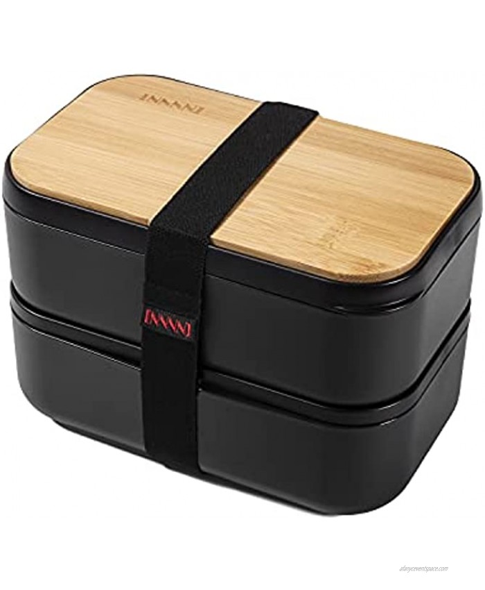 INVVNI Japanese Bento Box Adult Lunch Bamboo Containers for Kids Black Large 68 Oz Capacity- Microwave safe Bpa free Leakproof Men Women