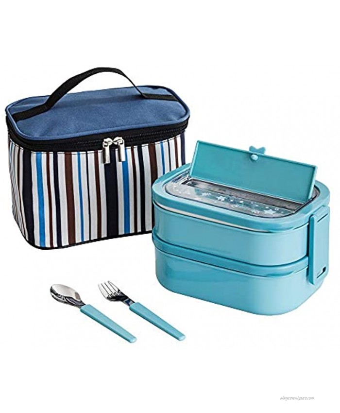 Lille Home Stainless Steel Stackable Compartment Lunch Snack box，2-Tier Bento Food Container with Lunch bag Cutlery Set and Built-in Cell Phone Holder BPA Free Leakproof 2.3L Blue