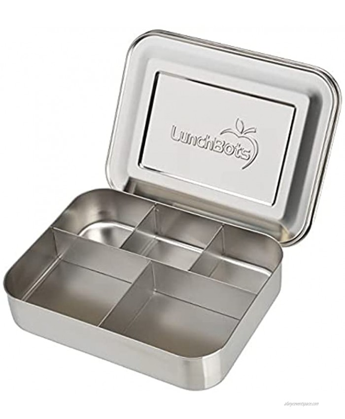 LunchBots Large Cinco Stainless Steel Lunch Container Five Section Design Holds a Variety of Foods Metal Bento Box for Kids or Adults Dishwasher Safe Stainless Lid All Stainless