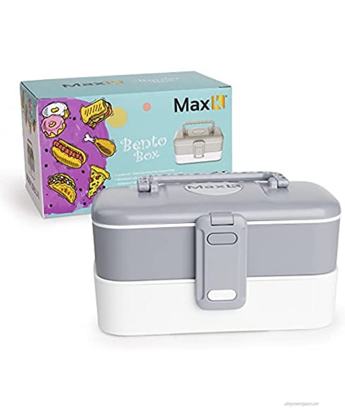 Max K Bento Box with Stainless Steel Cutlery and Carrying Handles Lunchbox for Adults Kids and Children Hot or Cold Food Storage 2 Trays Cool Grey