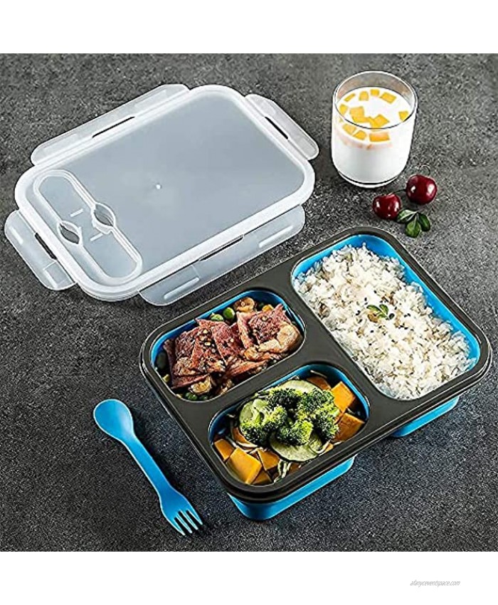 MAXCOOK Collapsible Lunch Container Stacking Silicone Lunch Box with Spoon & Fork 1500ml 3-Compartment Portable Bento Storage Containers for Food Microwave Freezer Dishwasher Safe BPA Free Blue