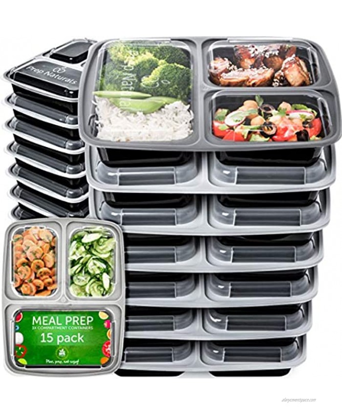 Meal Prep Containers 3 Compartment 15 Pack,32 Ounce BPA-Free Bento Box by Prep Naturals