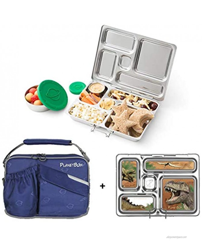 PlanetBox ROVER Eco-Friendly Stainless Steel Bento Lunch Box with 5 Compartments for Adults and Kids Starry Blue Carry Bag with Dinosaurs Magnets