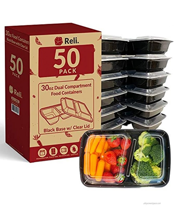 Reli. Meal Prep Containers 30 oz. 50 Pack Black 2 Compartment Food Containers with Lids Microwavable Food Storage Containers Black Reusable Bento Box Lunch Box Containers for Meal Prep 30 oz
