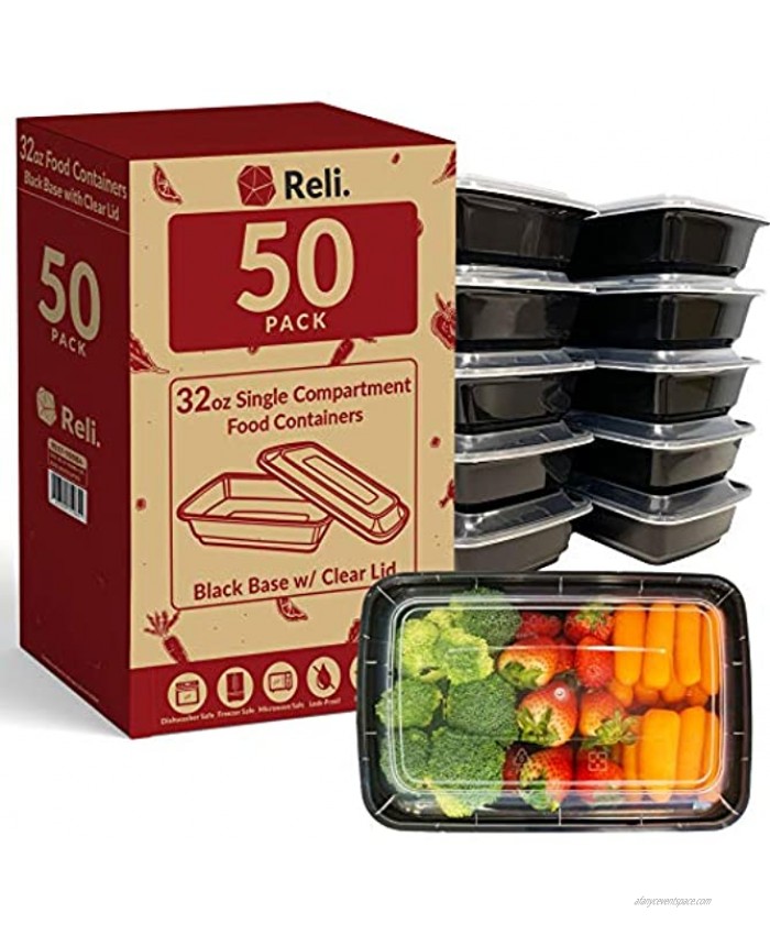 Reli. Meal Prep Containers 32 oz. 50 Pack 1 Compartment Food Containers with Lids Microwavable Food Storage Containers Black Reusable Bento Box Lunch Box Containers for Meal Prep Black32oz