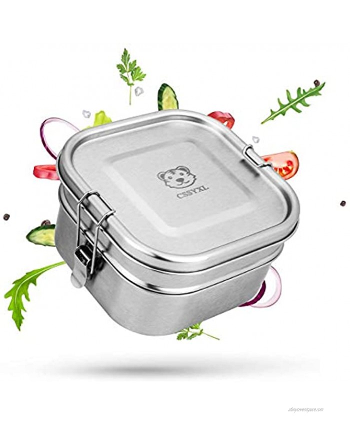 Stainless Steel Bento Lunch Box 47oz 1400ml Metal Square Lunch Container for Kids Boys School 2 Tier Food Containers for Men Leakproof Tiffin Box Adults Layered Lunchbox With Clip Locks Stainless Lid