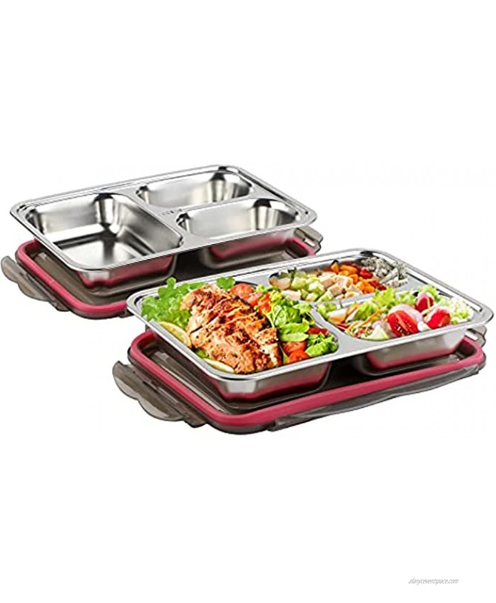 WELTRXE Stainless Steel Leakproof Lunch Box Bento-Style 3 Compartments Metal Bento Box On-the-Go Food Container For Kids Travel Snack Boxes with Llid for School Work and Travel-2 Pack