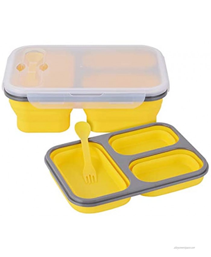 Xcellent Global Collapsible Silicone Food Storage Container Lunch Bento Box 3-Compartment with Fork Spoon BPA free Microwave and Dishwasher Safe,for Adults & Kids yellow