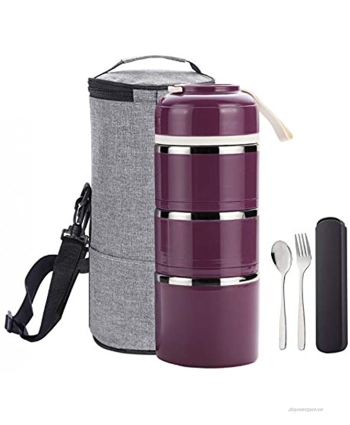 YBOBK HOME Bento Stackable Lunch Box Stainless Steel Thermal Compartment Multi-layered Leakproof Lunch Containers Insulated Bento Box Tower with Lunch Bag and Utensil Set for Adult and Kids Purple