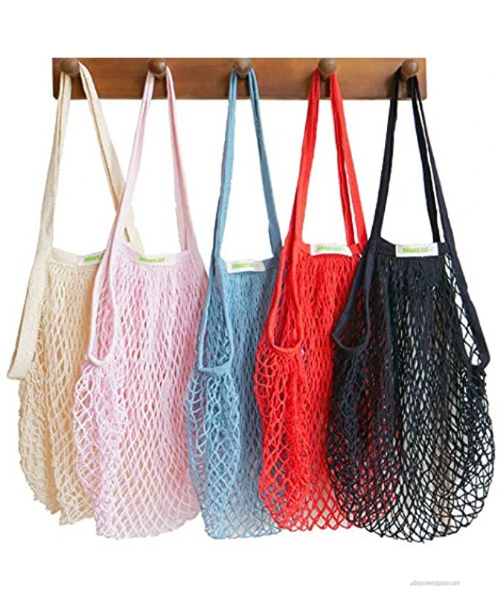 Meetall 5 Colors Pack Reusable Mesh Grocery Bags Net Produce Bags Cotton String Chic Tote Shopping Bags Portable Shoulder Bags with Sturdy and Long Handle 15x14x10 inch 38x35x25cm 100% Cotton 5 Colors Mixed Off White Pink Red Blue and Black