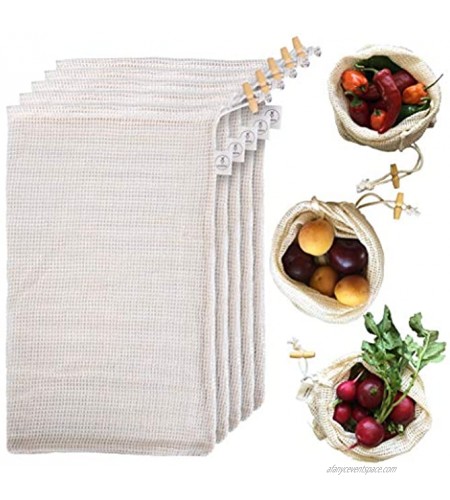 Organic Cotton Mesh Produce Bags Reusable Mesh Produce Bags Washable Vegetable Bags for Refrigerator Grocery & Bulk Storage Bags Set of 5 Large Bags 16 x 9 in Drawstring Tare Weight Wooden Toggle