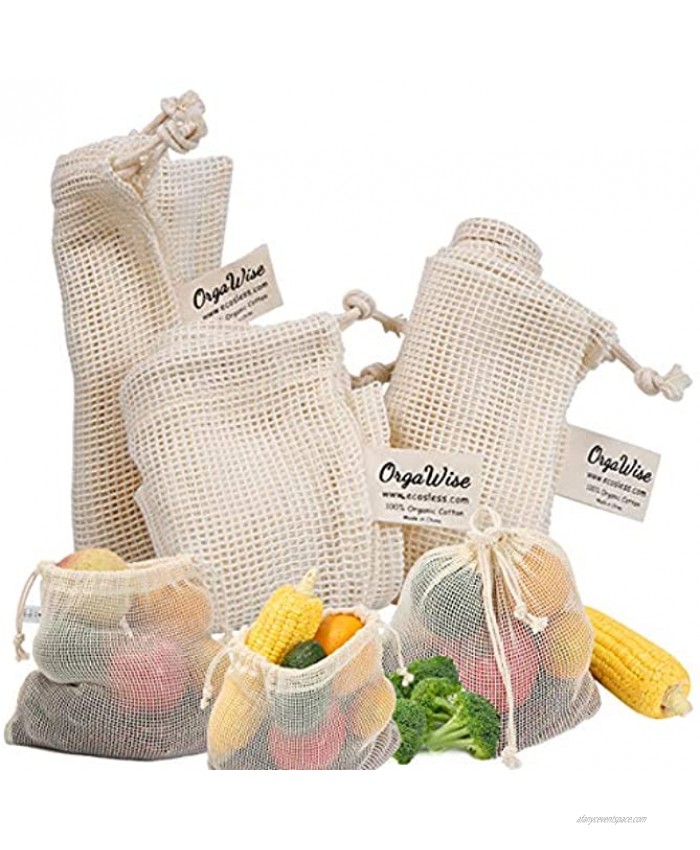 OrgaWise Cotton Reusable Produce Bags,9 Pack Organic Cotton Mesh Grocery Bags with Drawstring and Tare Label,Zero Waste Eco-friendly Washable Bags for Fruit Veggies Fridge Organizing Toys & Cosmetic S