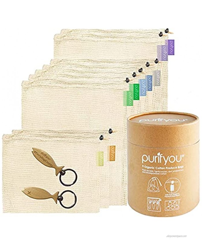 purifyou Premium Organic Cotton Bags Set of 9 Various Sizes | Reusable Mesh Produce Bags | Raw & Unbleached | for Vegetable Fruit Food Snack Storage