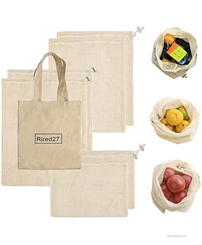 Reusable Produce Bags Washable Muslin bags-Total 6 Piece Large Medium & Small Organic Cotton Mesh Bags for Shopping Storing Vegetables Fruits Bread and Grocery