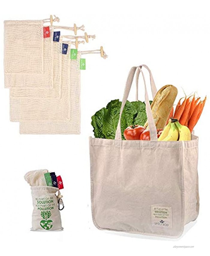 SIMPLY ECO Sturdy Reusable Canvas Shopping Tote Bag for Groceries and Cotton Reusable Mesh Produce Bags with Drawstring for Fruits and Veggies L,M.S