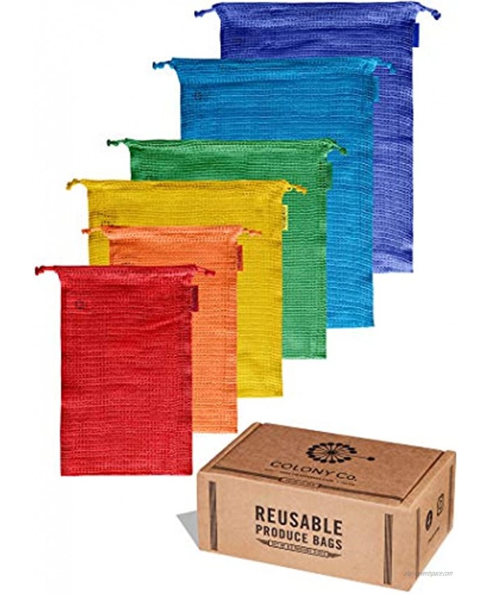 The Rainbow 6-Pack of Reusable Produce Bags Certified Organic Dyed Cotton Mesh Machine Washable Tare Weight Label Double Drawstring Closure Plastic-free Recyclable Packaging made by Colony Co.